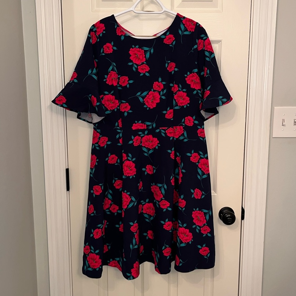 Draper James x Eloquii Navy Red Floral Fit and Flare Dress Sz 14 Preppy Party